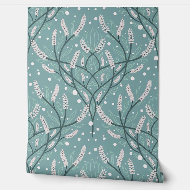 Soft Green Botanical Vine Pattern Wallpaper (Unrolling)