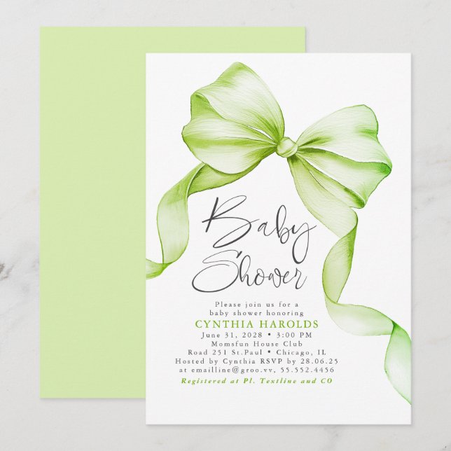 Soft Green Bow Cute Gender Neutral Baby Shower Invitation (Front/Back)