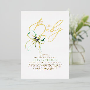 Soft Green Bow Elegant Gender Neutral Baby Shower Foil Invitation