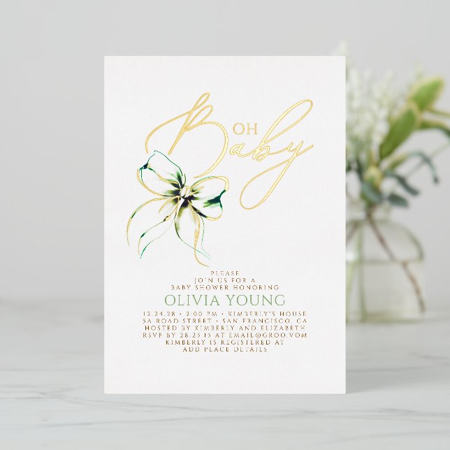 Soft Green Bow Elegant Gender Neutral Baby Shower Foil Invitation (Standing Front)