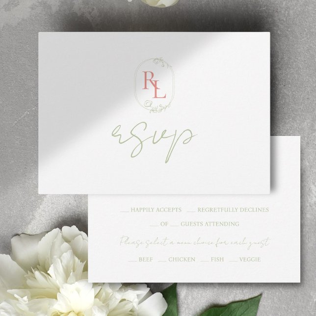 Soft Green & Coral Monogram Wedding RSVP Card (Creator Uploaded)
