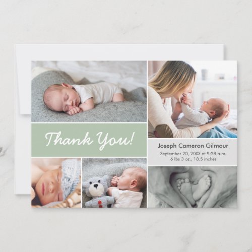 Soft Green Custom Photo Collage Baby Boy Birth  Thank You Card