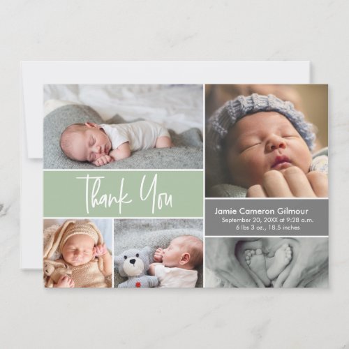 Soft Green Custom Photo Collage birth Baby Shower  Thank You Card