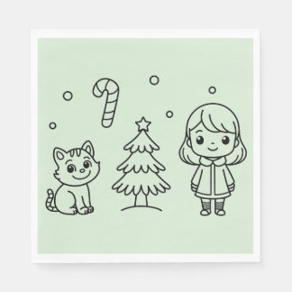 Soft Green Cute Girl and Cat Christmas Design Napkins