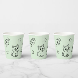 Soft Green Cute Girl and Cat Christmas Design Paper Cups