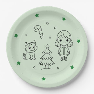 Soft Green Cute Girl and Cat Christmas Design Paper Plates