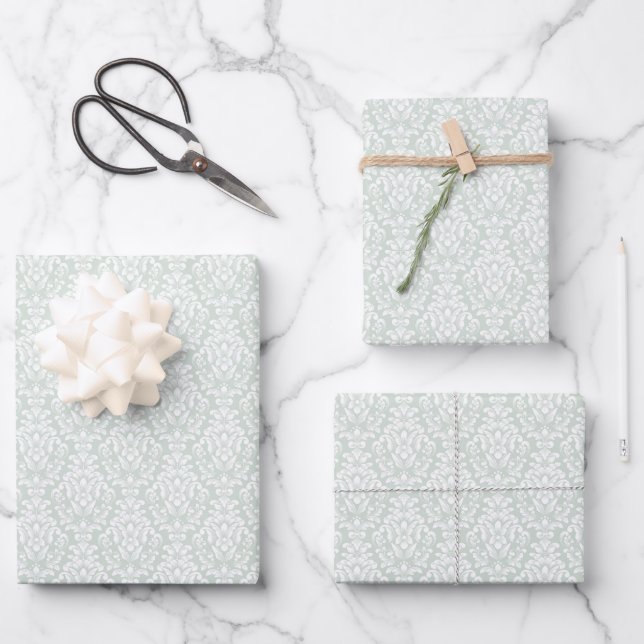 Soft green damask design wrapping paper sheets (Front)