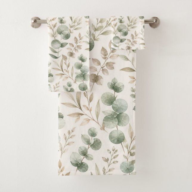 Soft Green Eucalyptus Leaves Pattern Bath Towel Set (Insitu)