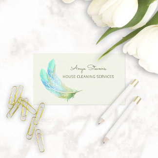 Soft Green Feather Cleaning Service Design Business Card