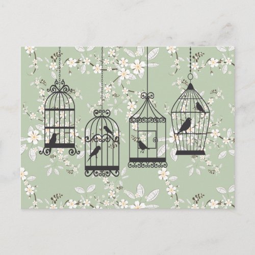 Soft Green Floral With Birdcages Postcard