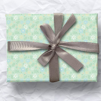 Soft Green Floral with White Blue Yellow Flowers Wrapping Paper