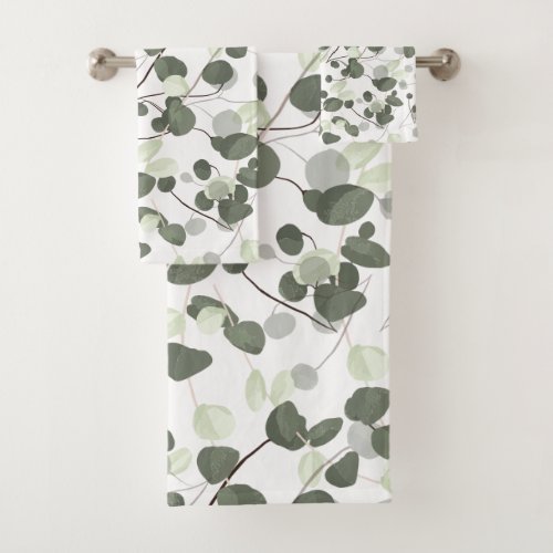 Soft Green Fresh Eucalyptus leaves pattern Bath Towel Set