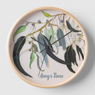 soft green gum leaf watercolour  clock