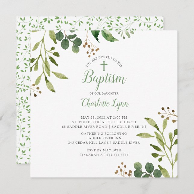 Soft Green Leaf Baptism Invitation (Front/Back)