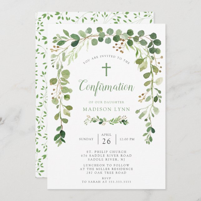 Soft Green Leaf Confirmation Invitation (Front/Back)