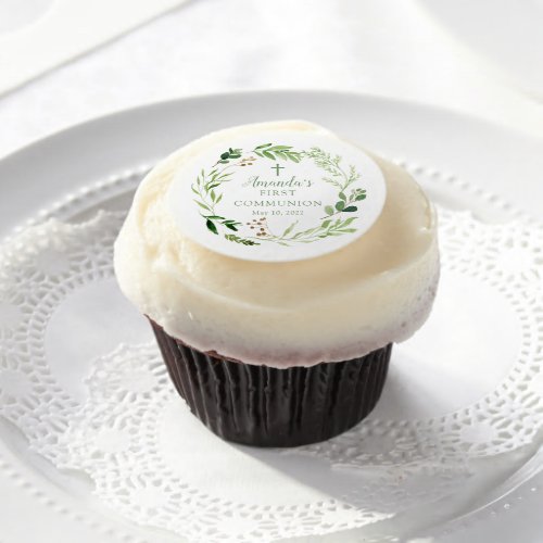 Soft Green Leaf First Communion  Edible Frosting R Edible Frosting Rounds