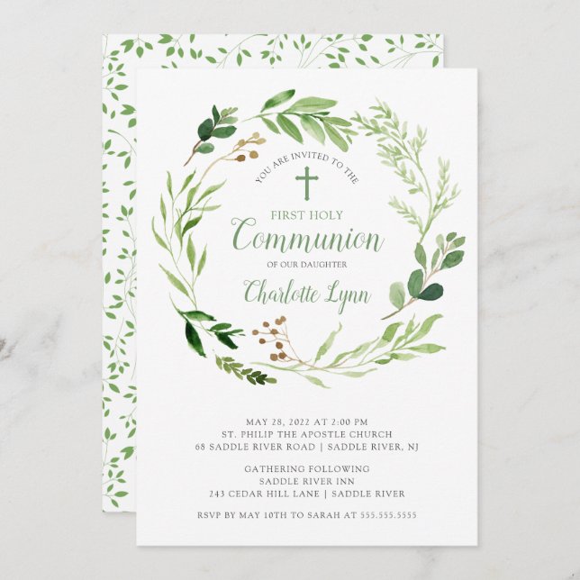 Soft Green Leaf First Communion Invitation (Front/Back)