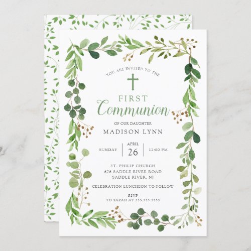 Soft Green Leaf First Communion Invitation