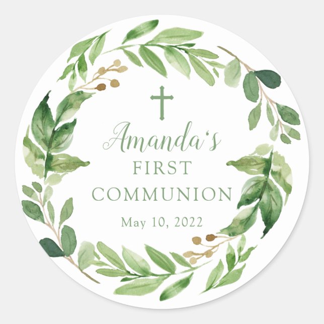 Soft Green Leaf First Communion Sticker (Front)