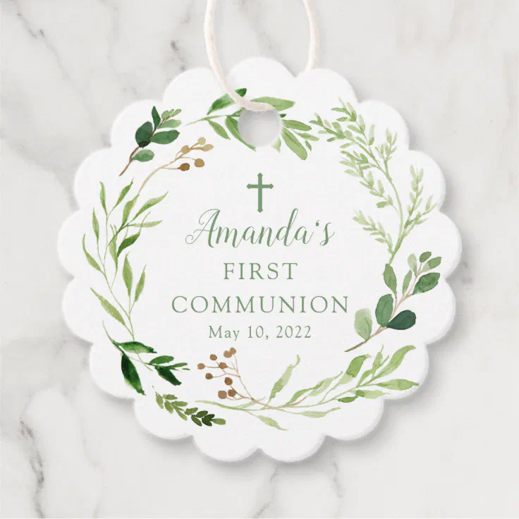Soft Green Leaf First Holy Communion Favor Tags | Zazzle