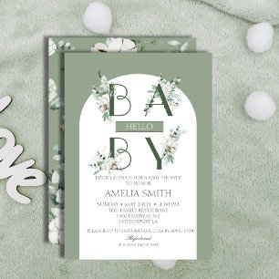 Soft Green Minimalist Hello Baby Floral Arch Invitation