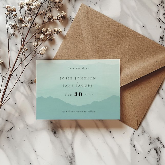 Soft green mountains save the date (Green watercolor mountains modern and bold wedding Save the date card)