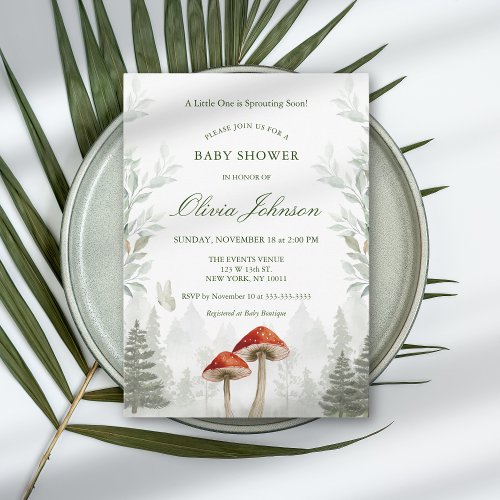 Soft Green Mushroom Theme Baby Shower Invitation