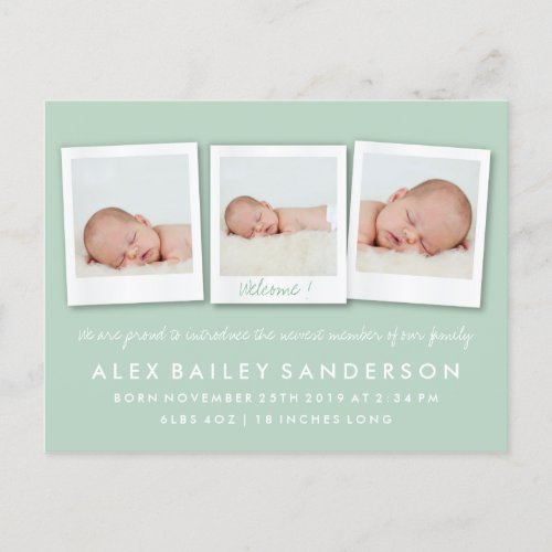 Soft Green New Baby Birth Announcement with Photos