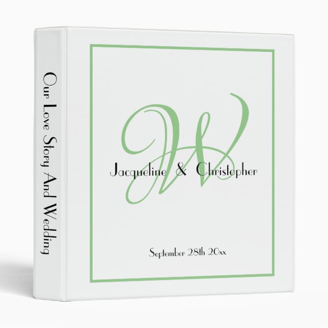 Soft Green Newlywed Monogram Black Script White 3 Ring Binder (Front/Spine)