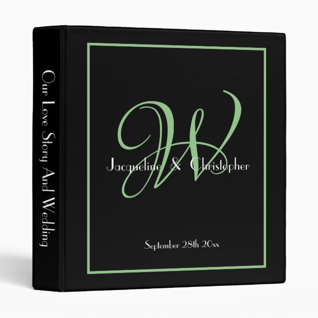 Soft Green Newlywed Monogram White Script Black 3 Ring Binder (Front/Spine)