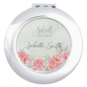 Soft Green & Pink Floral Sweet Sixteen Compact Mirror