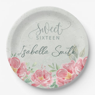 Soft Green & Pink Floral Sweet Sixteen Paper Plates