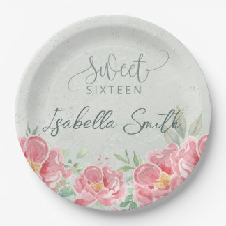 Soft Green & Pink Floral Sweet Sixteen  Paper Plates