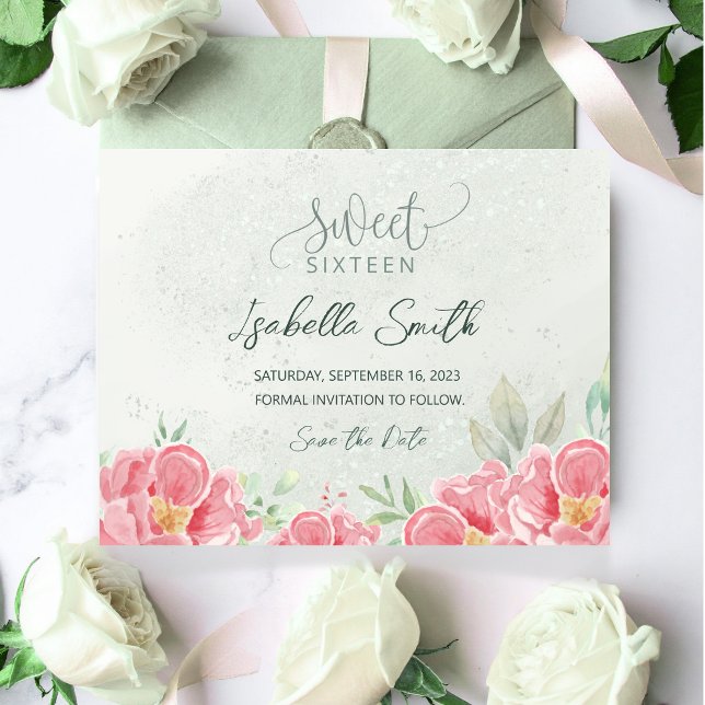 Soft Green & Pink Glitter Floral Sweet 16 Birthday Save The Date (Creator Uploaded)