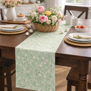 Soft Green Spring Floral Table Runner Cottage