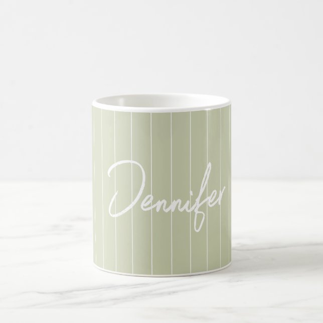 Soft Green Striped Hand writting Custom Name  Coffee Mug (Center)
