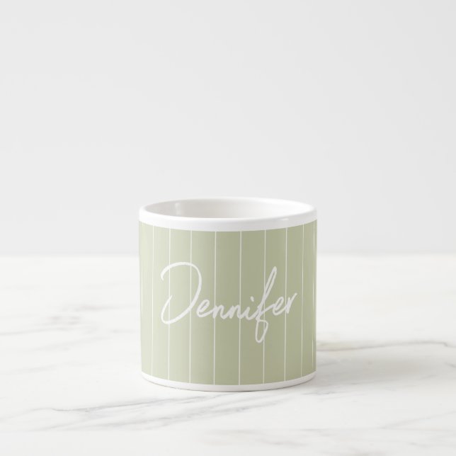 Soft Green Striped Hand writting Custom Name Espresso Cup (Front)