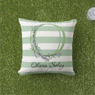 Soft green strips monogram lavender greenery outdoor pillow