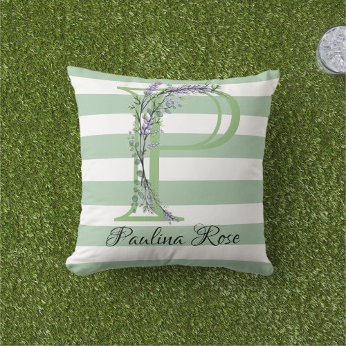 Soft green strips monogram lavender greenery outdoor pillow