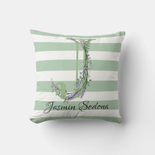 Soft green strips monogram lavender greenery outdoor pillow