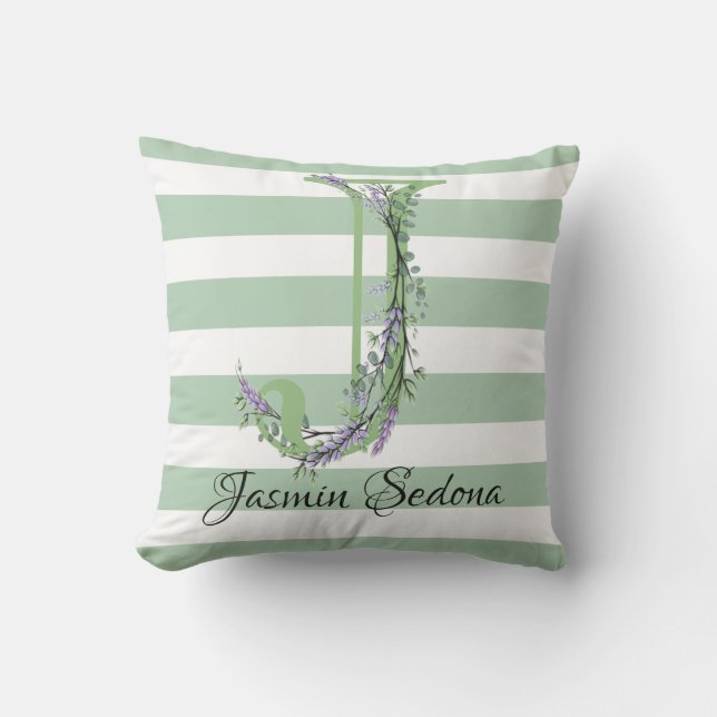 Soft green strips monogram lavender greenery outdoor pillow (Front)