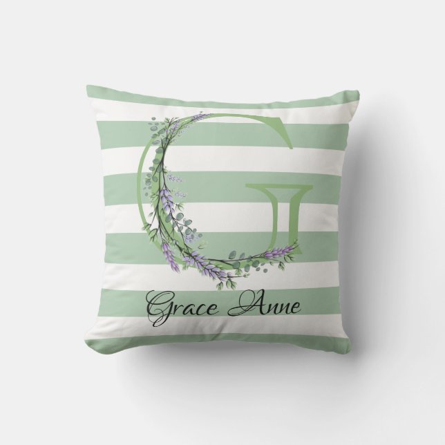 Soft green strips monogram lavender greenery outdoor pillow (Front)