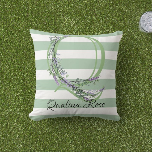 Soft green strips monogram lavender greenery outdoor pillow (Grass)