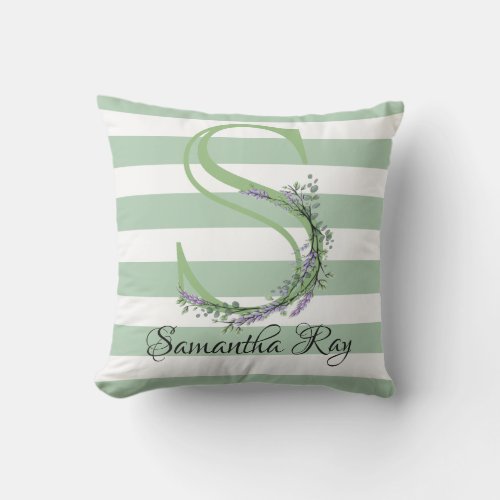 Soft green strips monogram lavender greenery outdoor pillow