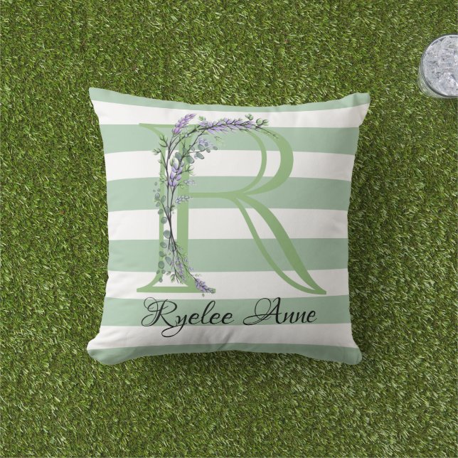 Soft green strips monogram lavender greenery outdoor pillow (Grass)