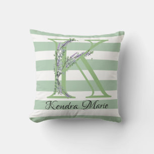 Soft green strips monogram lavender greenery outdoor pillow