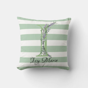 Soft green strips monogram lavender greenery outdoor pillow