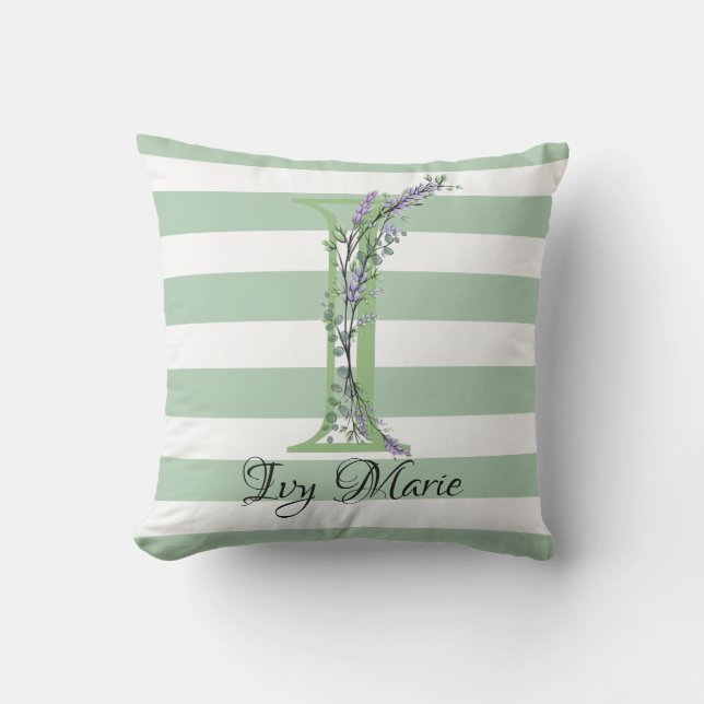 Soft green strips monogram lavender greenery outdoor pillow (Front)