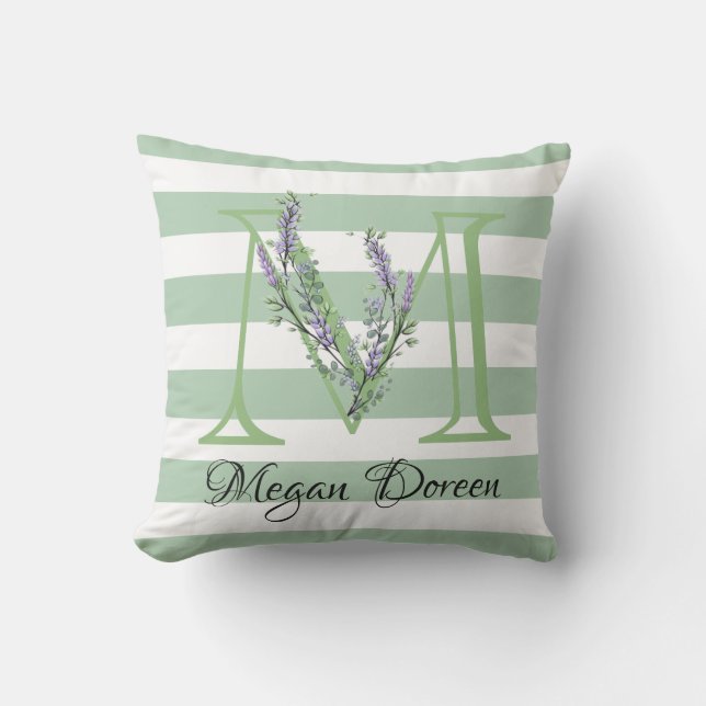 Soft green strips monogram lavender greenery outdoor pillow (Front)