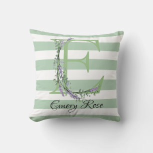 Soft green strips monogram lavender greenery outdoor pillow